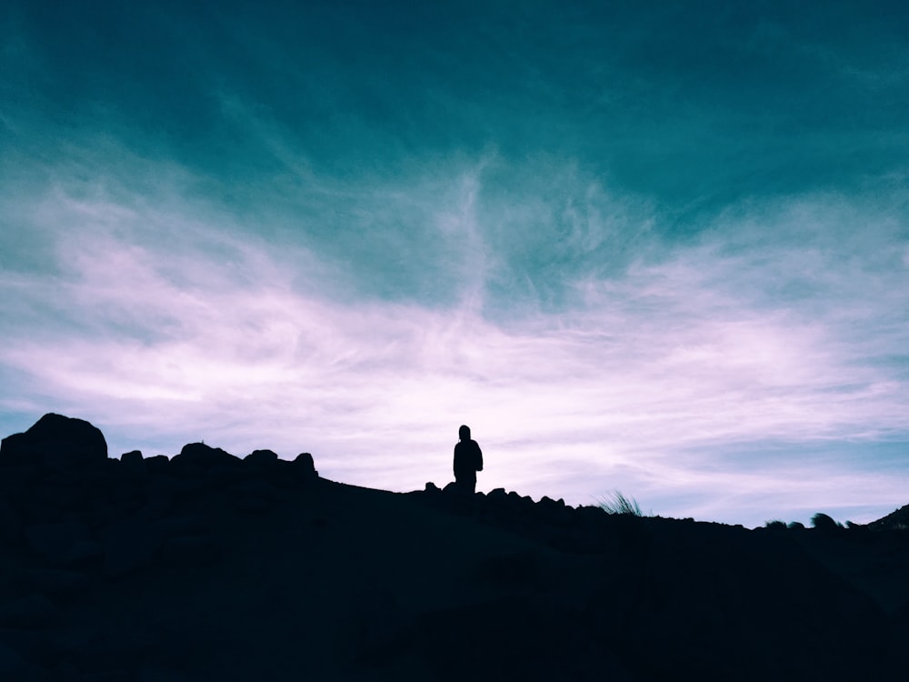 silhouette of man standing on ground under blue and white sky