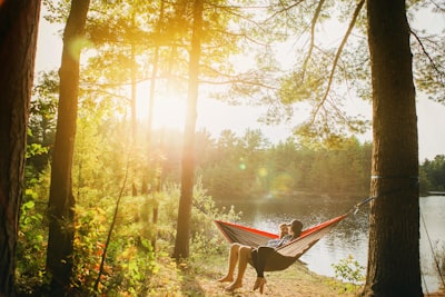 man and woman seating on gray hammock beside trees during daytime chill google meet background