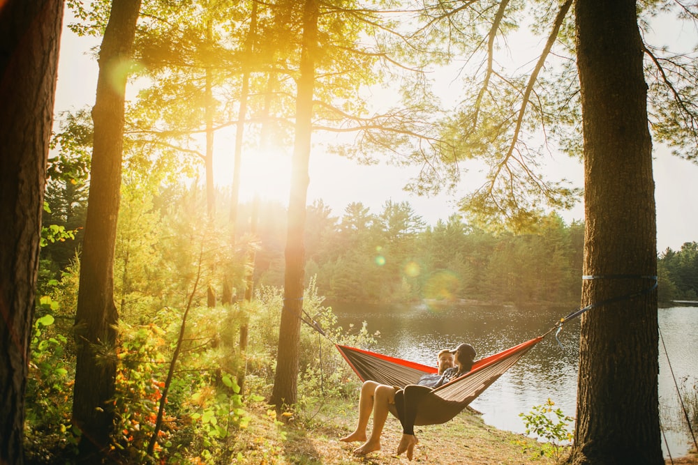 man and woman seating on gray hammock beside trees during daytime