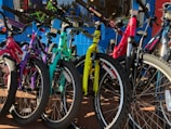 A row of colorful bicycles ready for rent in a park.