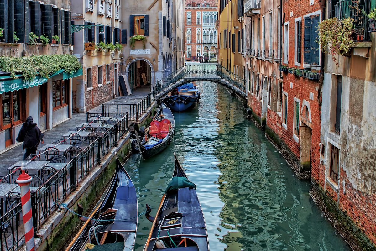 Gondolas on the Grand Canal in Venice with historic buildings behind