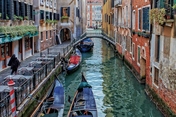 Gondolas on the Grand Canal in Venice with historic buildings behind