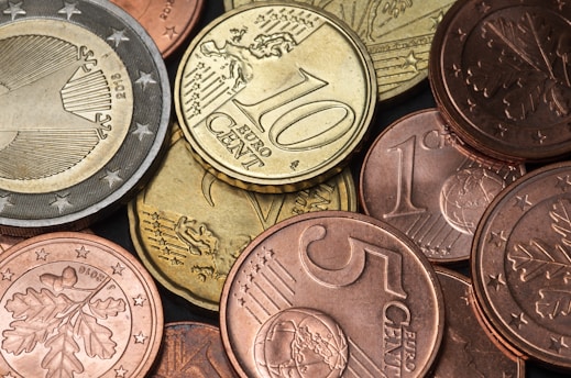 A collection of Euro coins in various denominations, including cents and Euro values, with intricate designs and symbols.