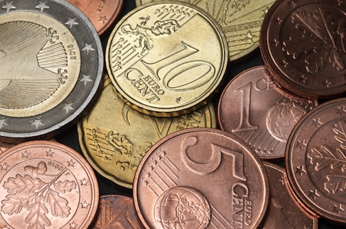 A collection of Euro coins in various denominations, including cents and Euro values, with intricate designs and symbols.