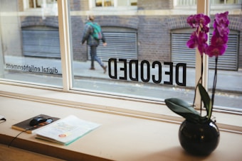 A scene viewed from inside an office or workspace, with a window displaying the reversed word 'DECODED'. Outside the window, a person is walking past on the sidewalk. Inside, a vase with vibrant purple orchids sits on the windowsill, along with a computer mouse and an open book or magazine. The building exterior is made of brick with closed metal shutters.