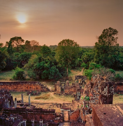 A serene landscape with ancient stone ruins partially covered in vegetation. The sun is setting, casting an orange hue across the sky, and a vast expanse of lush green trees extends into the distance.