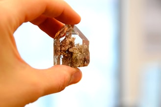 A hand holds a clear, faceted crystal with brown inclusions. The background is softly blurred, highlighting the delicate details of the crystal's inner textures.