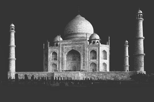 grayscale photo of mosque in Taj Mahal India