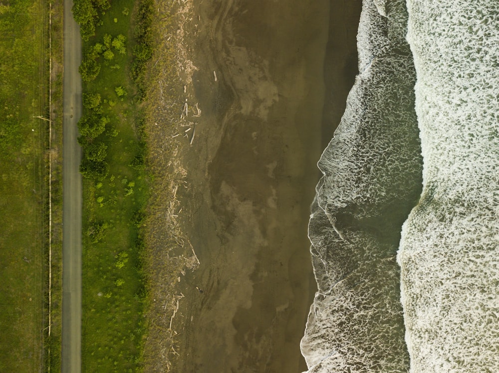 aerial view of shore near road