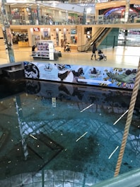 A multi-level shopping mall with glass railings is visible, with several people walking and pushing strollers. An escalator is seen on the right side leading up to the second level. The lower level is partially covered by a glass barrier that encases an area with water and aquatic images on the surrounding wall.