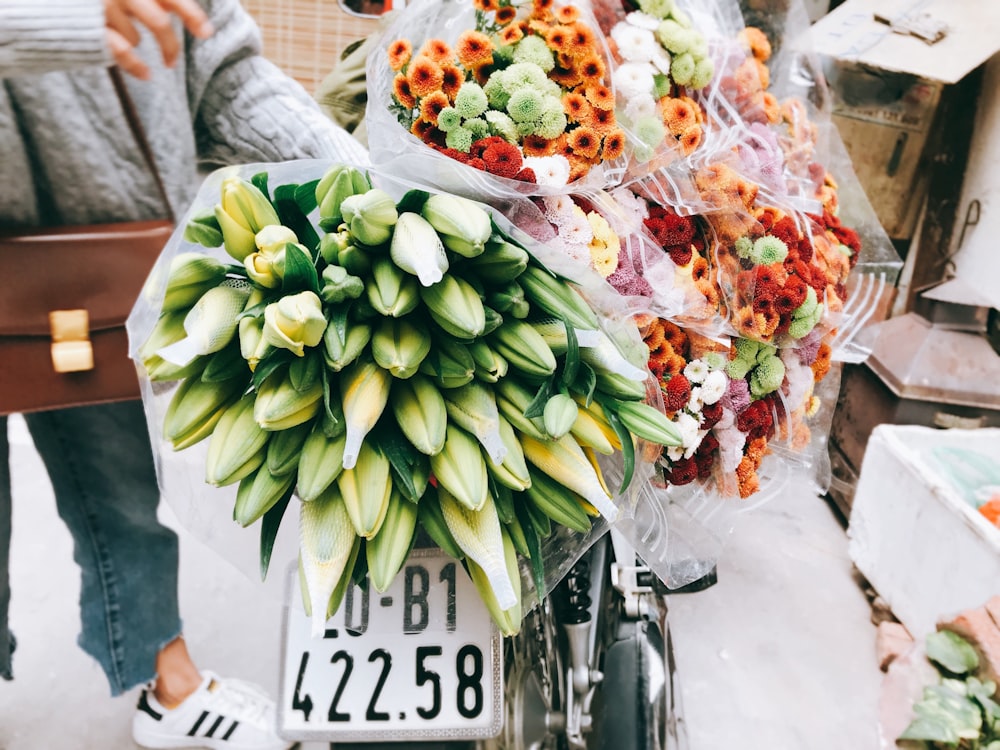 bouquet of flowers on bicycle