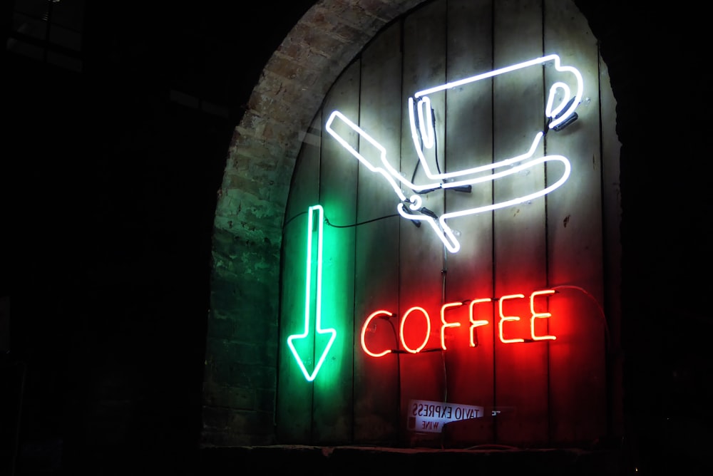 white, green, and red coffee neon signage