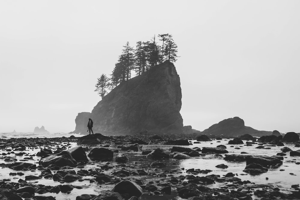 grayscale photography of person on rock formation