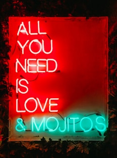 red and green all you need is love and mojitos neon sign