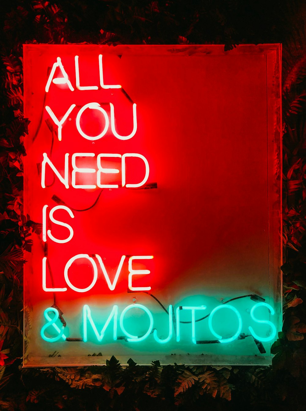 red and green all you need is love and mojitos neon sign
