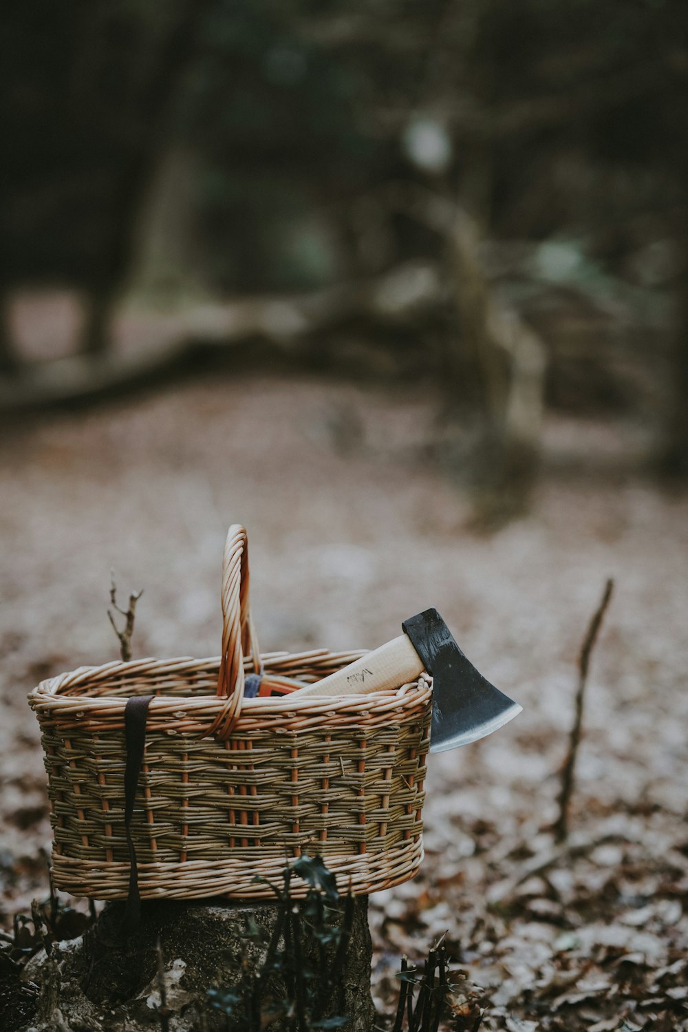 selective focus photo of brown wicker basket with axe inside