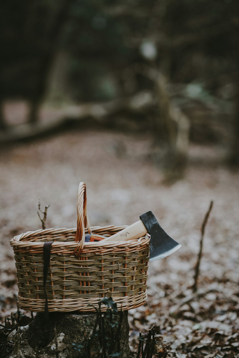 photo de mise au point sélective d’un panier en osier brun avec une hache à l’intérieur