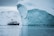 A large iceberg floats in a calm sea with a ship navigating nearby. Snow-covered hills are visible in the background, capturing a cold and serene polar environment.