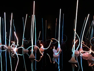 An art installation at a cultural center supported by the foundation, glowing warmly at dusk.