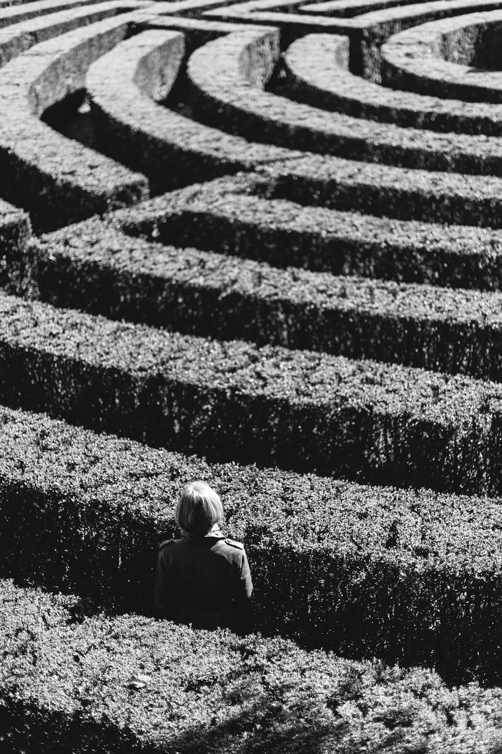 grayscale photo of person inside the plant formation