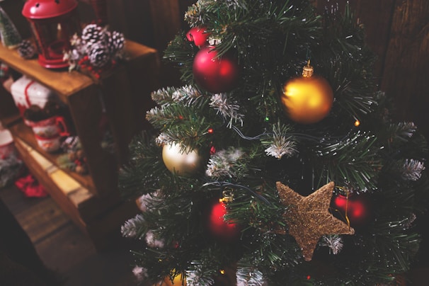 A decorated Christmas tree with green branches adorned with red and gold ornaments, including a large golden star. In the background, wooden shelves hold various holiday decorations like pinecones and seasonal items.