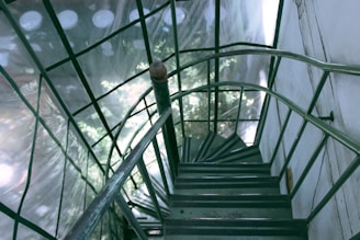 A spiral staircase with green metal railings, surrounded by glass walls that reflect the light and nearby trees. The staircase appears industrial and narrow, leading downward in a tight coil.