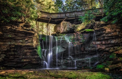 waterfalls near wooden bridge and trees wallpaper west virginia teams background