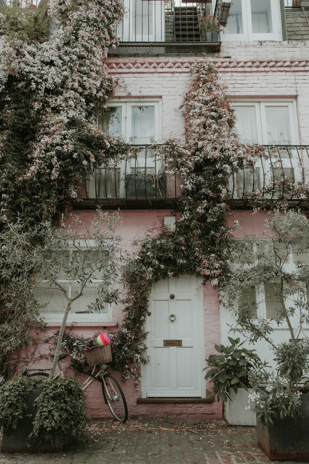 Casa pintada de rosa y blanco cubierta de plantas y flores