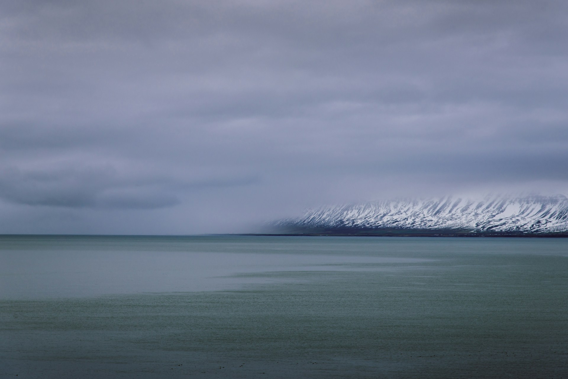 ocean beside of snow mountain