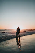 silhouette photo of couple standing on beach watching sunset