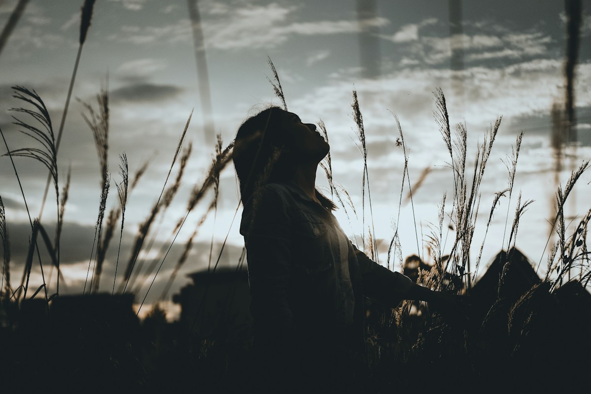 Woman seated on grass at dawn in a reflective moment, considering the causes she is setting in motion