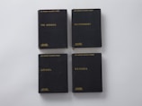 Four black hardcover books are arranged in a 2x2 grid on a white surface. Each book has a gold inscription, with titles including 'The Exodus,' 'Deuteronomy,' 'Ezekiel,' and 'Genesis.' The books belong to 'The Modern Reader's Bible' series, indicated by the text at the top of each cover.