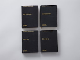 Four black hardcover books are arranged in a 2x2 grid on a white surface. Each book has a gold inscription, with titles including 'The Exodus,' 'Deuteronomy,' 'Ezekiel,' and 'Genesis.' The books belong to 'The Modern Reader's Bible' series, indicated by the text at the top of each cover.