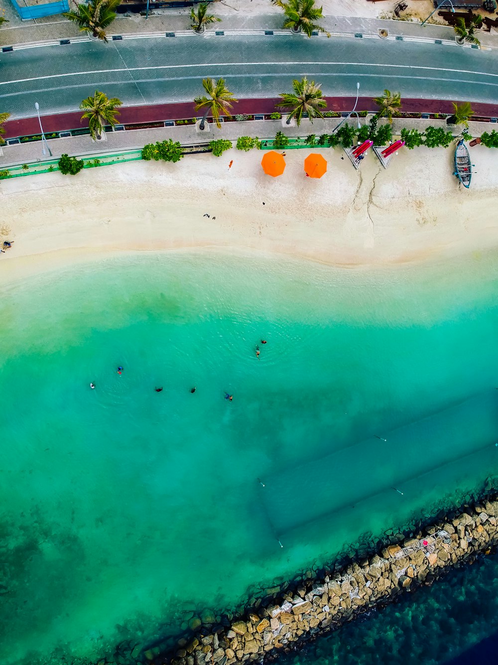 Luftaufnahme von Menschen, die tagsüber auf dem Meer in der Nähe einer Asphaltstraße schwimmen