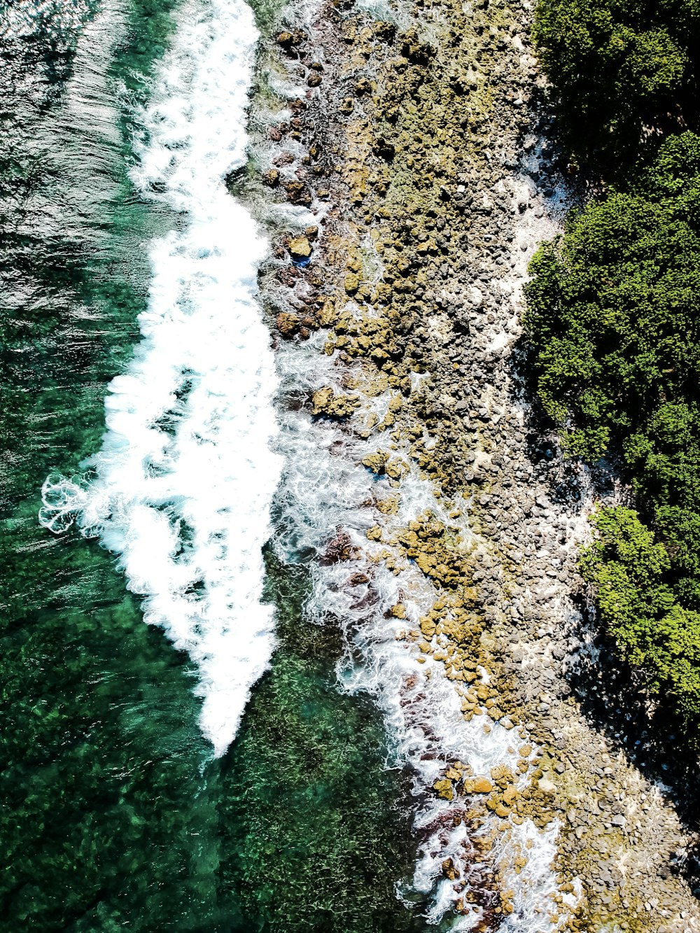 top-view photo of seawater with bubbles on rocks