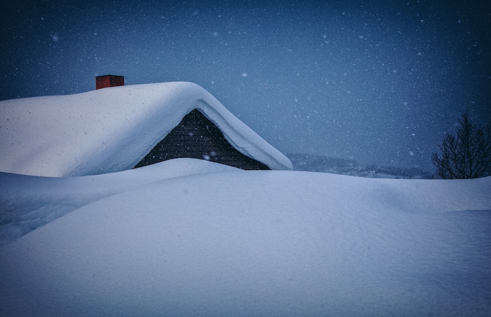 snow coated house at nighttime