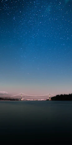 A serene night sky filled with twinkling stars over a quiet bridge.