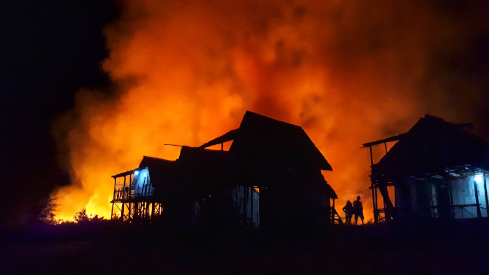 A house that has caught on fire during the night