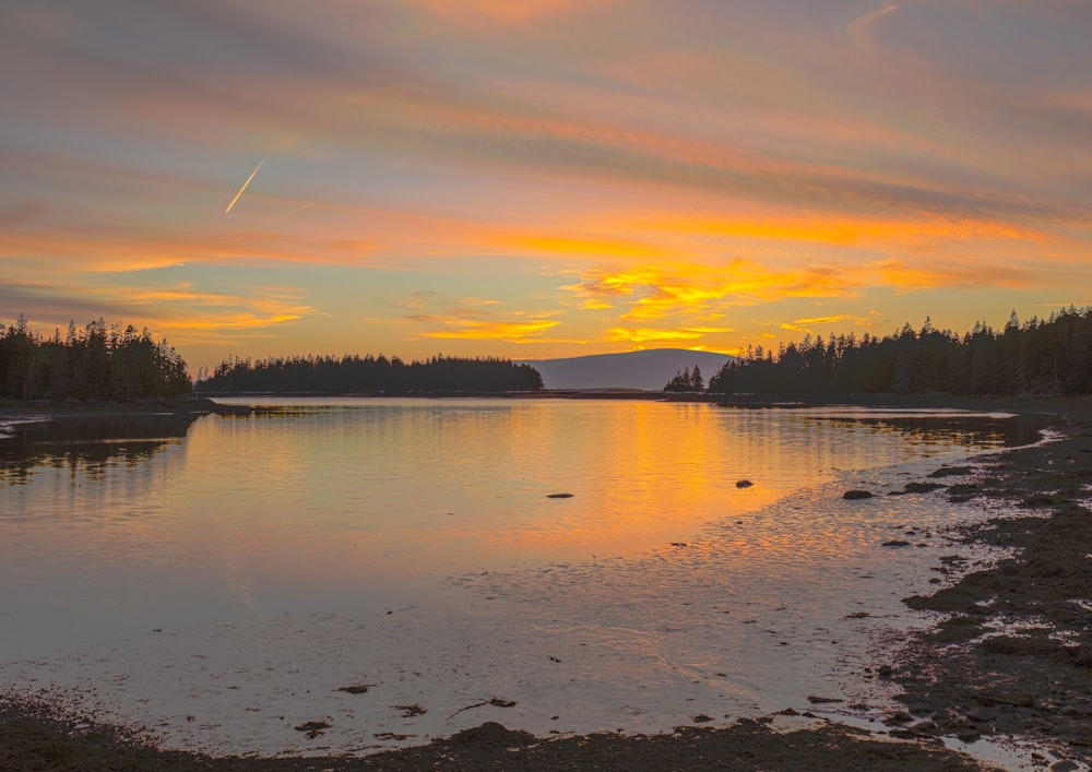 lake surrounded by pine trees under orange sky with shooting star