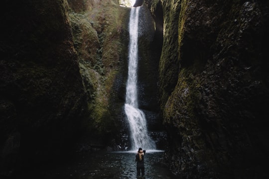 person stands in front of waterfalls during daytime in Oneonta Gorge United States