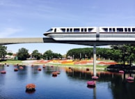 white train monorail and bridge
