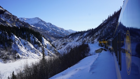 blue and yellow locomotive travelling through mountains covered with snow in Alaska United States