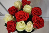 A striking luxury rose bouquet with rich red and cream roses arranged in a minimalist style.
