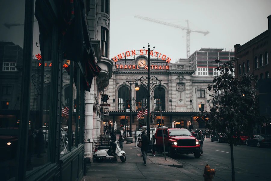Union Station seen from a downtown Denver street