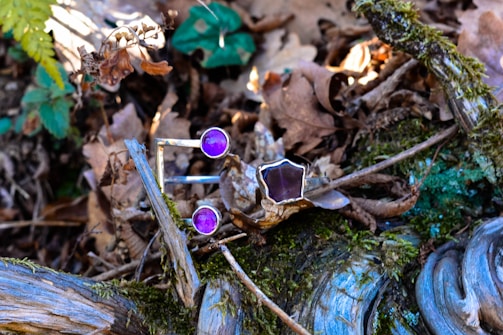 Two pieces of jewelry with purple gemstones are placed on a forest floor among brown leaves and moss-covered branches. The background consists of earthy tones and natural textures.