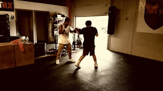 Two people are sparring in a dimly lit gym environment. The scene includes gym equipment such as a punching bag and exercise rig. One person is wearing boxing gloves and appears to be in an offensive stance, while the other is defensive. Natural light filters through an open garage door.