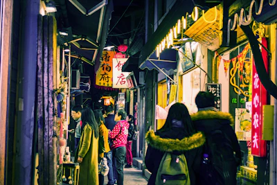 Narrow bustling alleyway filled with colorful shops and locals.