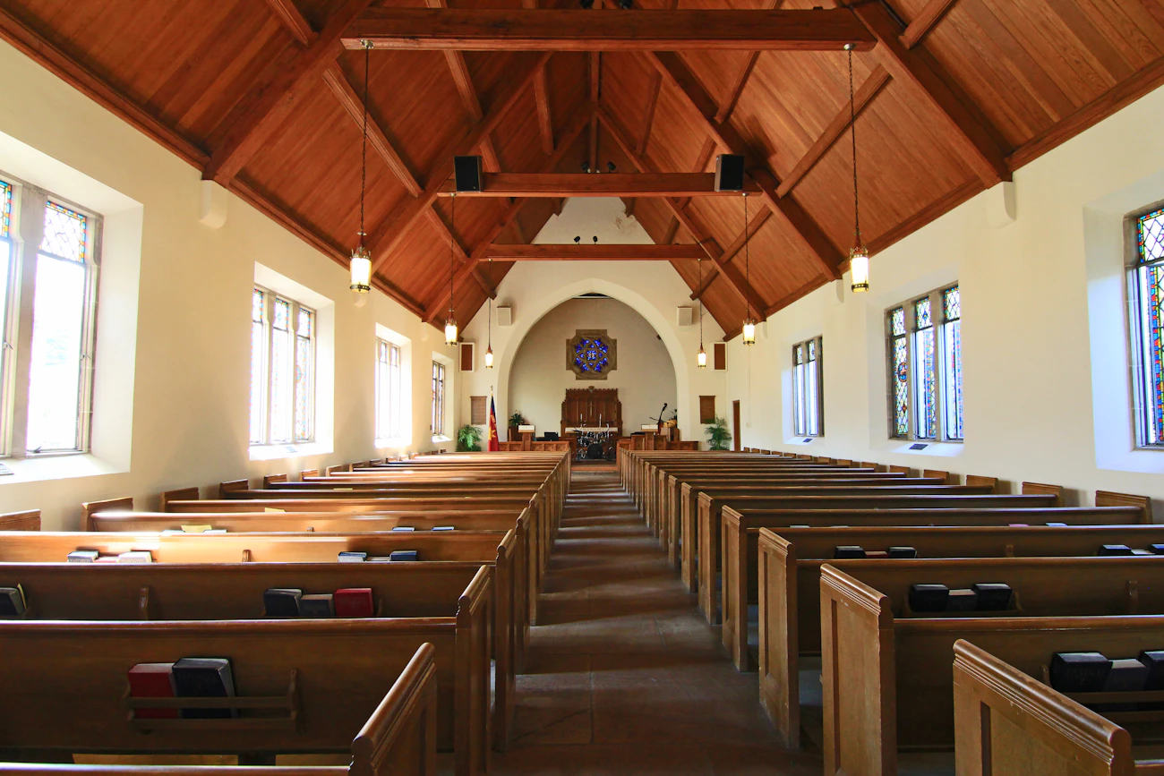 Our chapel, with light coming in along the pews