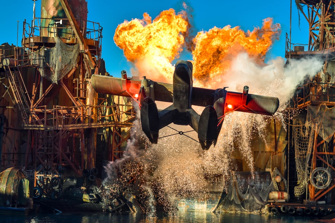 gray water plane toy, The climactic scene from Universal Studios Hollywood’s “Waterworld” show.