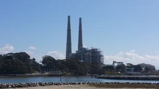A power plant featuring two tall smokestacks is situated near a body of water. The facility is surrounded by trees and vegetation, with a rocky shoreline in the foreground. The sky is clear with some scattered clouds.